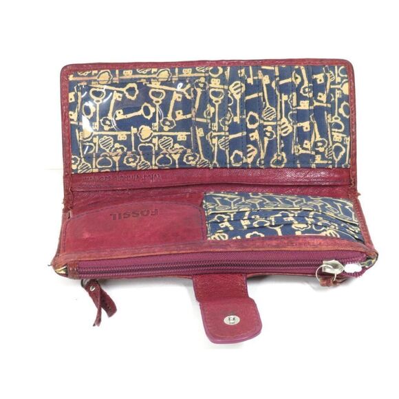 Vintage Fossil Key Scalloped Striped Leather Bifold Long Wallet Burgundy Rare - Picture 5 of 6